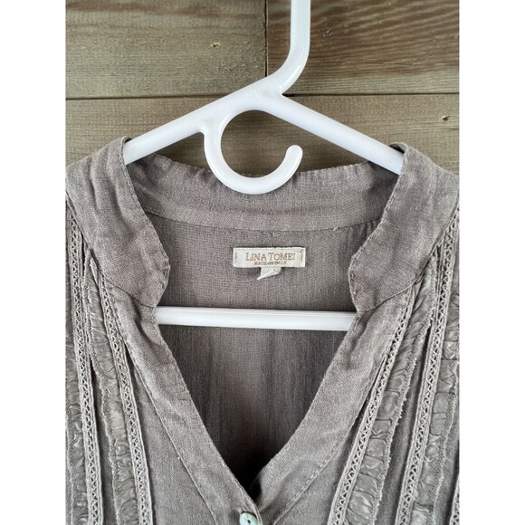 Lina Tomei Dress Sleeveless Linen Lace Detail Button Ruffle Hem Large - Picture 3 of 9